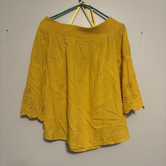 Lane Bryant Womens 14/16 XL Off Shoulder Yellow Blouse Floral Embroider Cut Outs - Picture 1 of 7